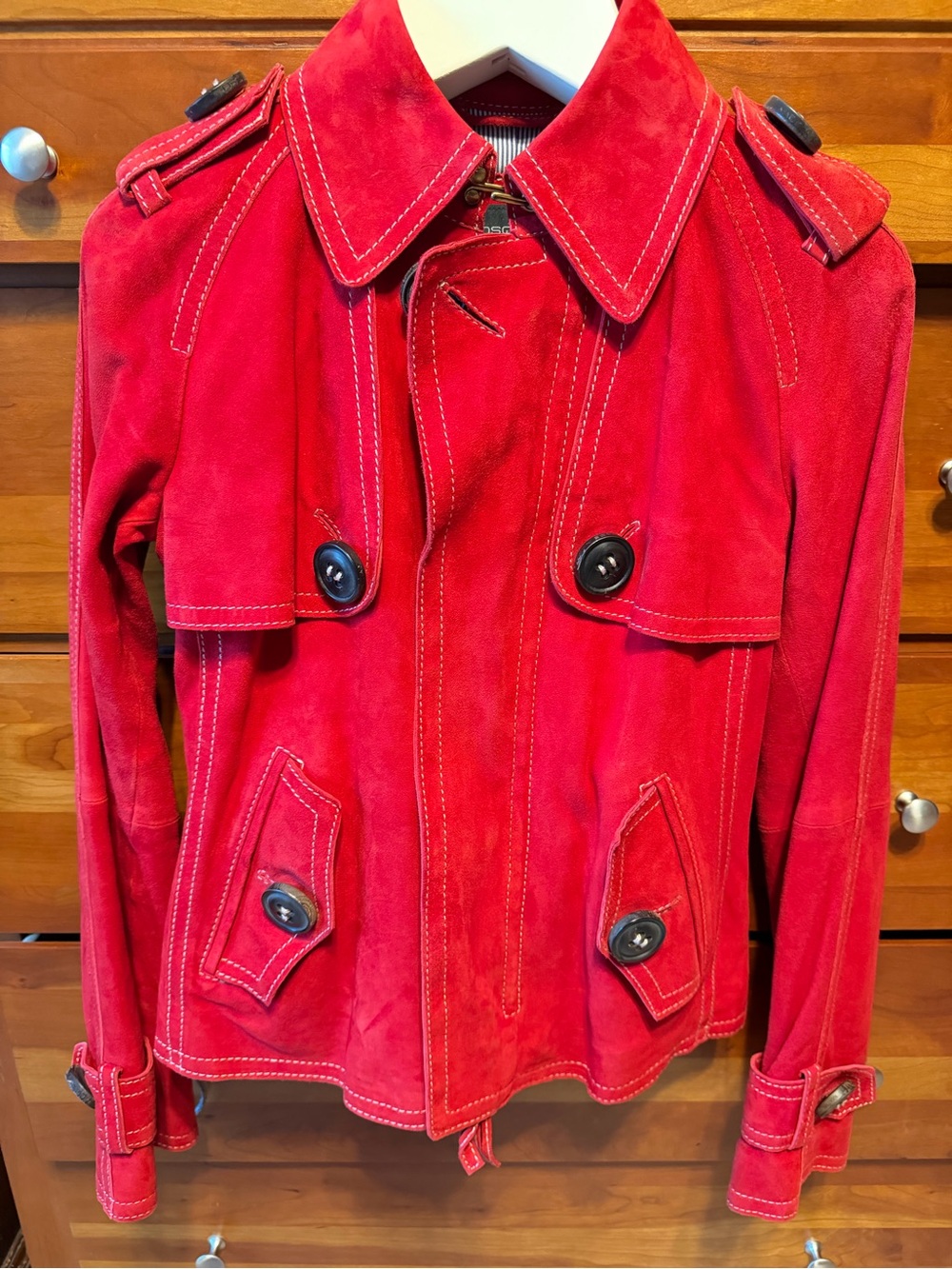 DSQUARED2 Red Suede Short Trench Jacket with Button Details